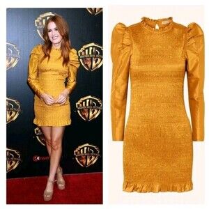 Ulla Johnson Women Aurel Dress Tafetta Mustard Gold Smocked Ruffle Trim Size 0